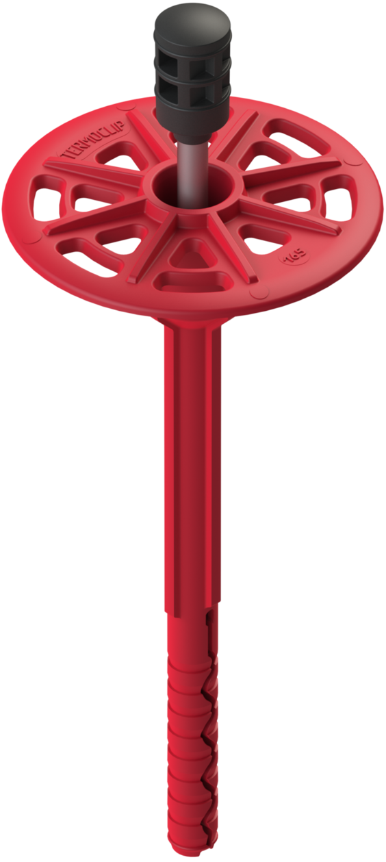 Стена 2MT. Полимерный тарельчатый дюбель с рёбрами ограничения глубины и забивным металлическим распорным элементом с мелкой накаткой и термоизоляционной головкой